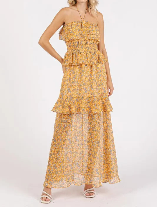 Smocked Floral Halter Neck Maxi Dress