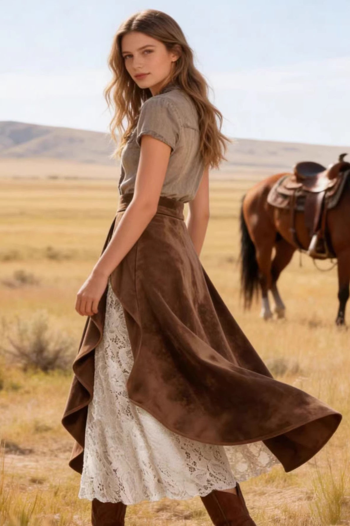 Vintage Suede Lace Panel Midi Skirt - Image 4