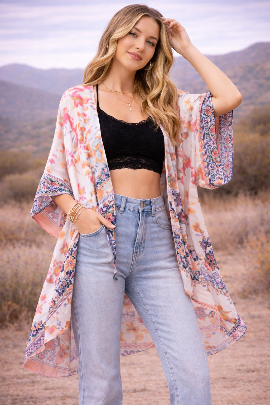 Tie Dye with Ethnic Border Motif Kimono - Image 2