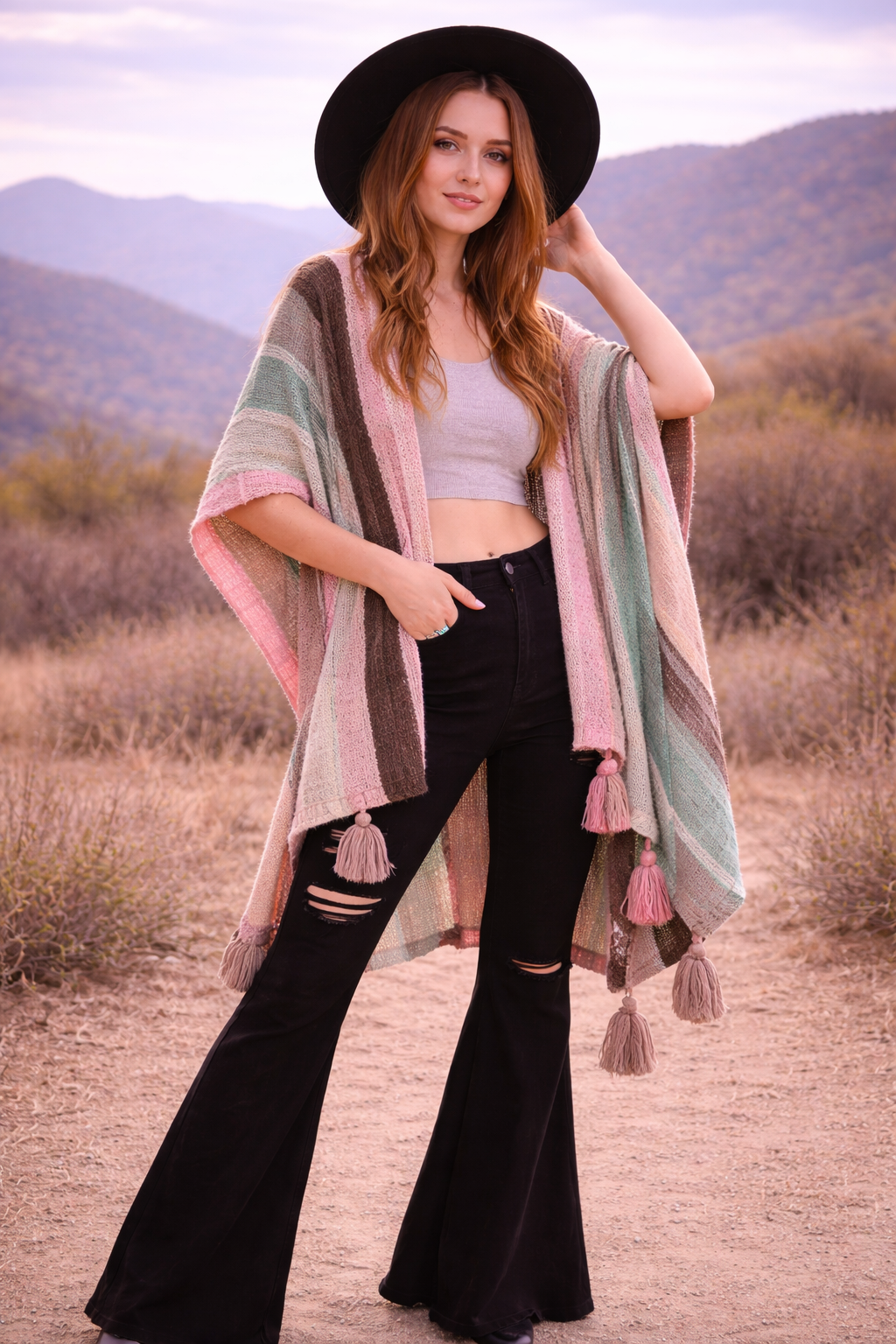 Multi-color Striped Pattern Ruana with Tassels - Image 2