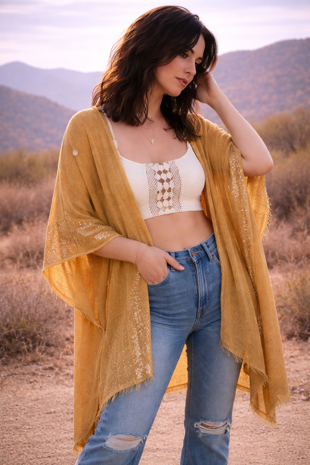 Sequin Border Frayed Trim Kimono - Image 2