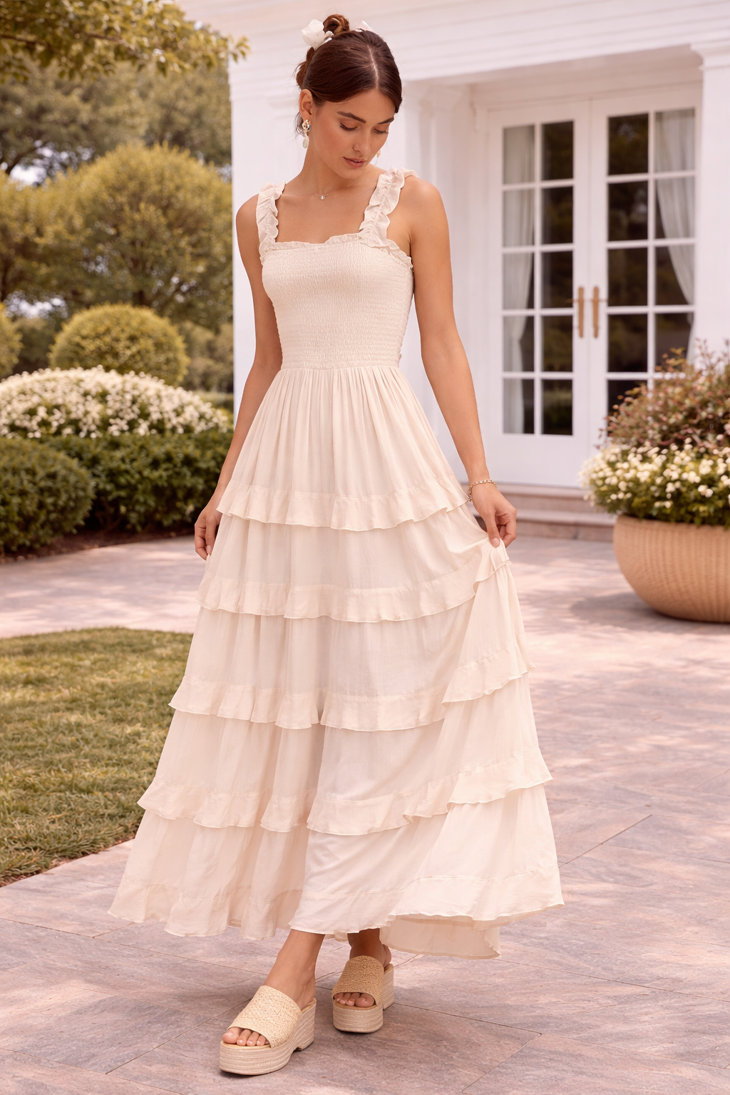 Smocked Ruffle Tier Open Back Maxi Dress