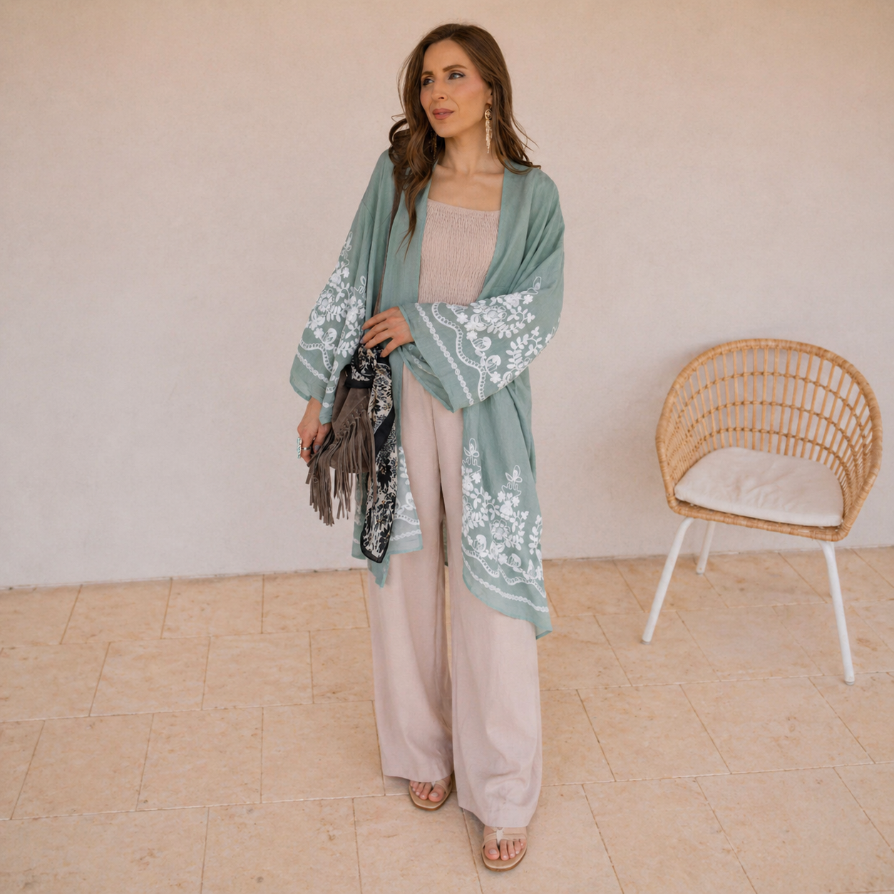 Embroidered Floral Vine Lightweight Kimono