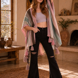 Multi-color Striped Pattern Ruana with Tassels