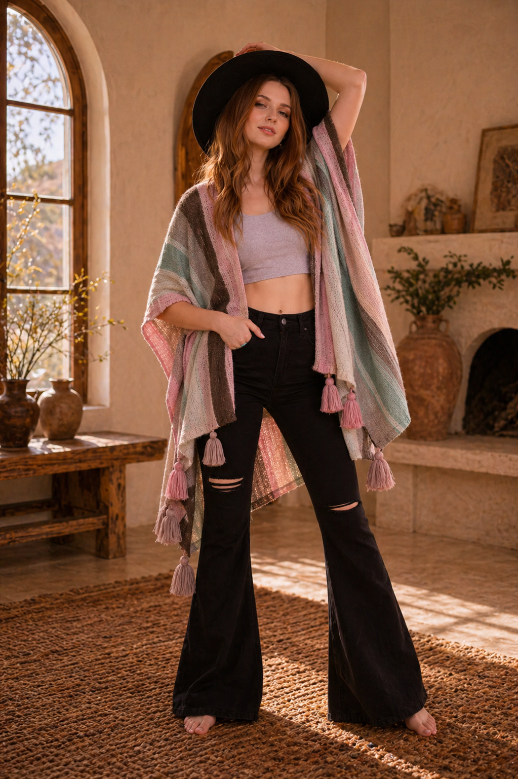 Multi-color Striped Pattern Ruana with Tassels