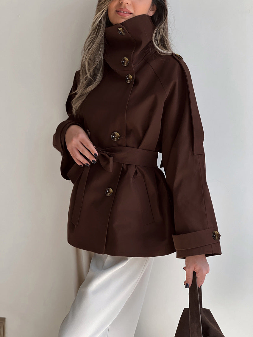 Turtleneck Double Breasted Waist Tie Coat - Image 2