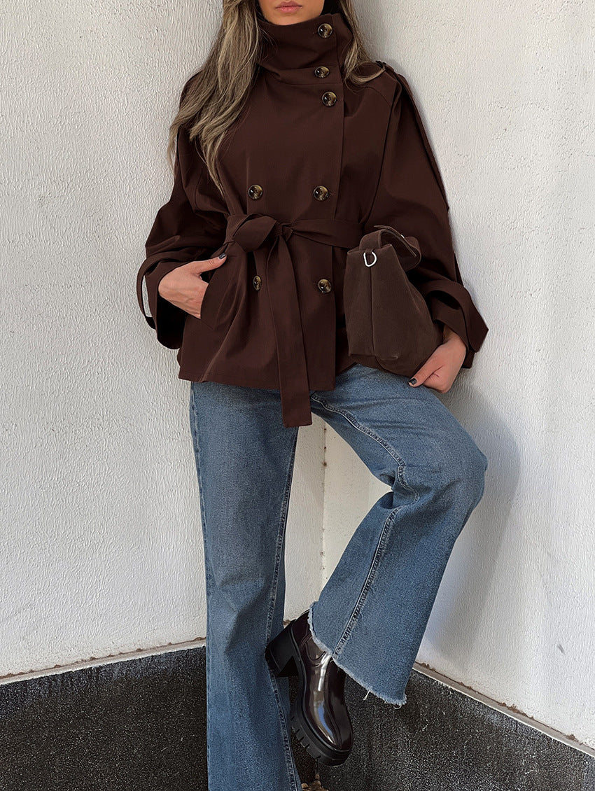 Turtleneck Double Breasted Waist Tie Coat - Image 4