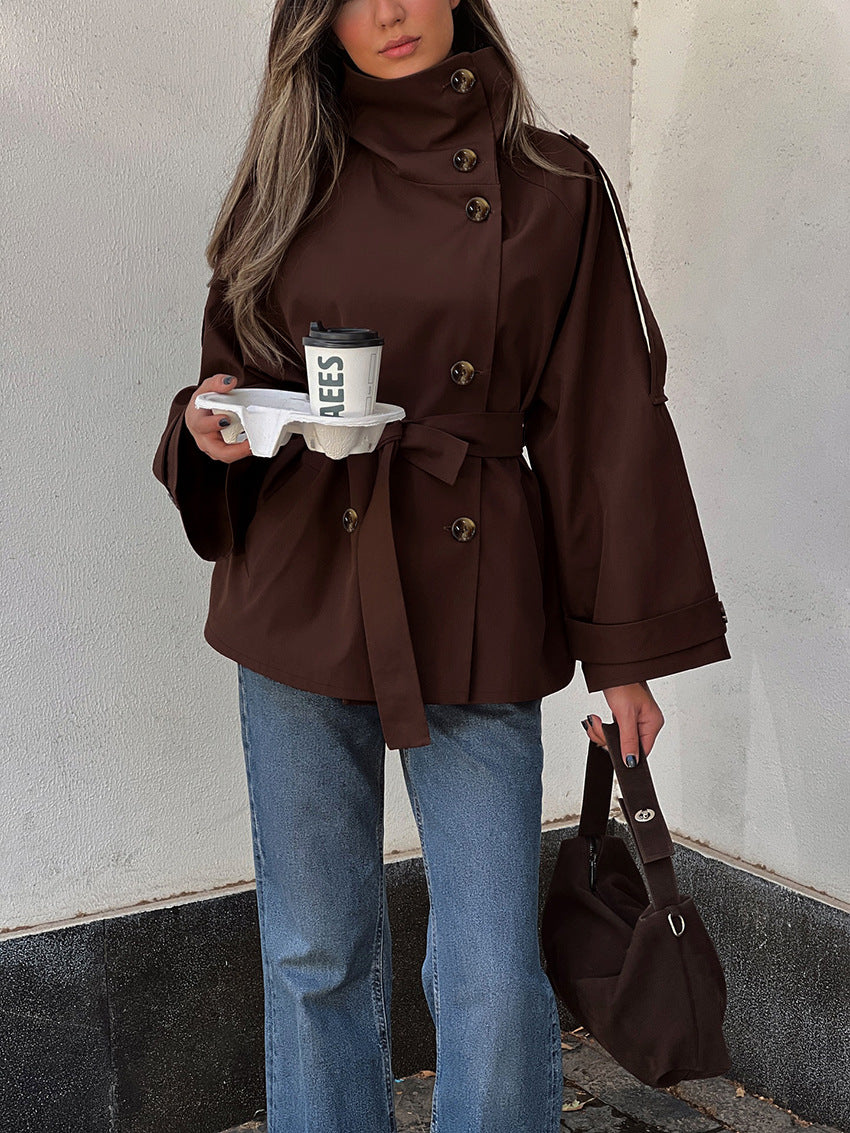 Turtleneck Double Breasted Waist Tie Coat - Image 3