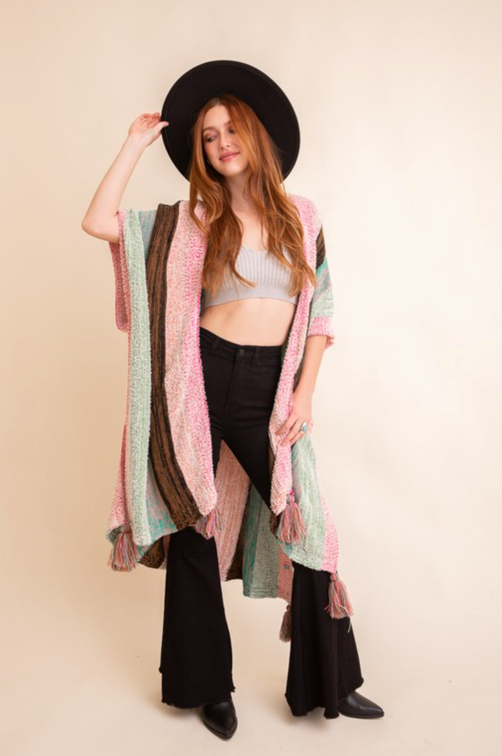 Multi-color Striped Pattern Ruana with Tassels - Image 4