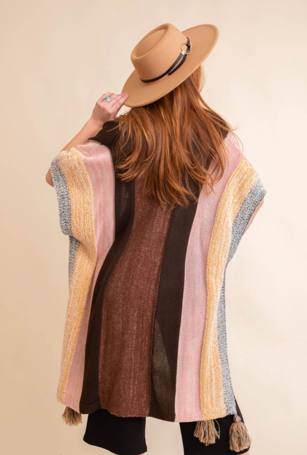 Multi-color Striped Pattern Ruana with Tassels - Image 8
