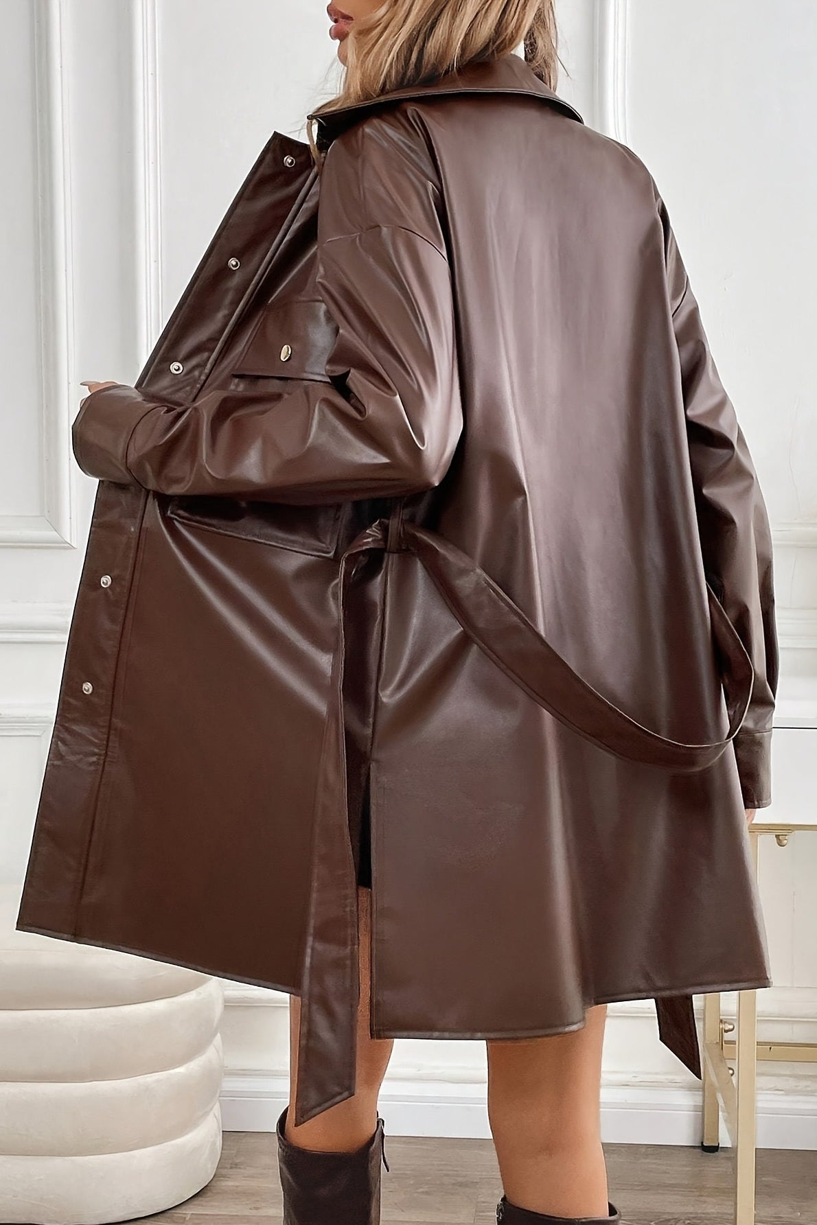 Mid-Length Windproof PU Belted Coat - Image 7