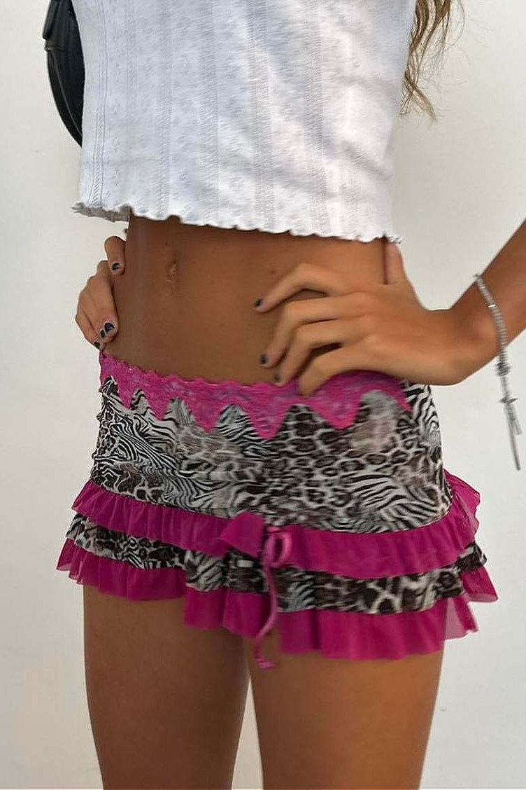 Ruched Lace Color Block Leopard Skirt - Image 9