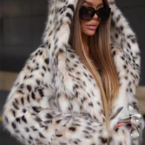 Faux Fur Leopard Print Hooded Long Coat