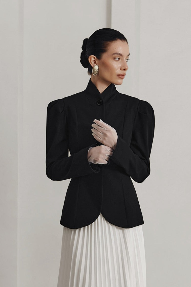 French Elegant Stand Collar Puff Sleeve Blazer - Image 2