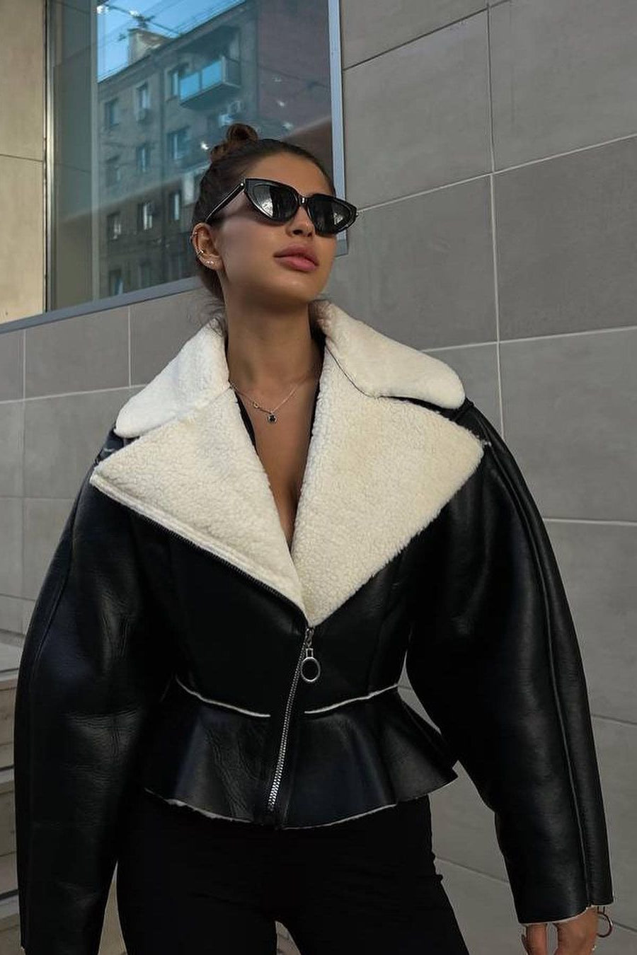 Chic Odd Zip Leather Fur Pieced Coat - Image 12