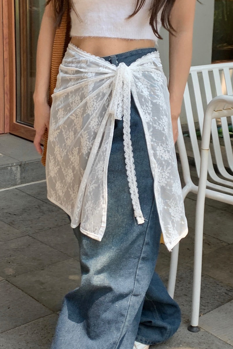 White Lace Apron Skirt with Tie Versatile Half Skirt - Image 4