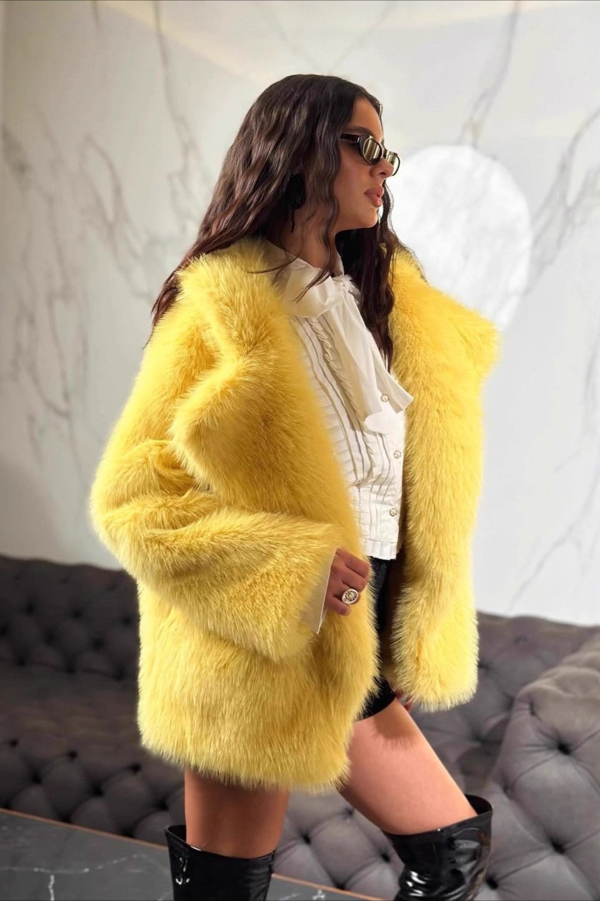 Yellow Faux Fur Open Front Coat - Image 6