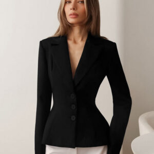 Fitted Waist V-Neck Padded Shoulder Long Sleeve Blazer
