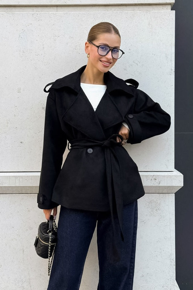 Suede Solid Tie Waist Thickened Warm Coat - Image 2