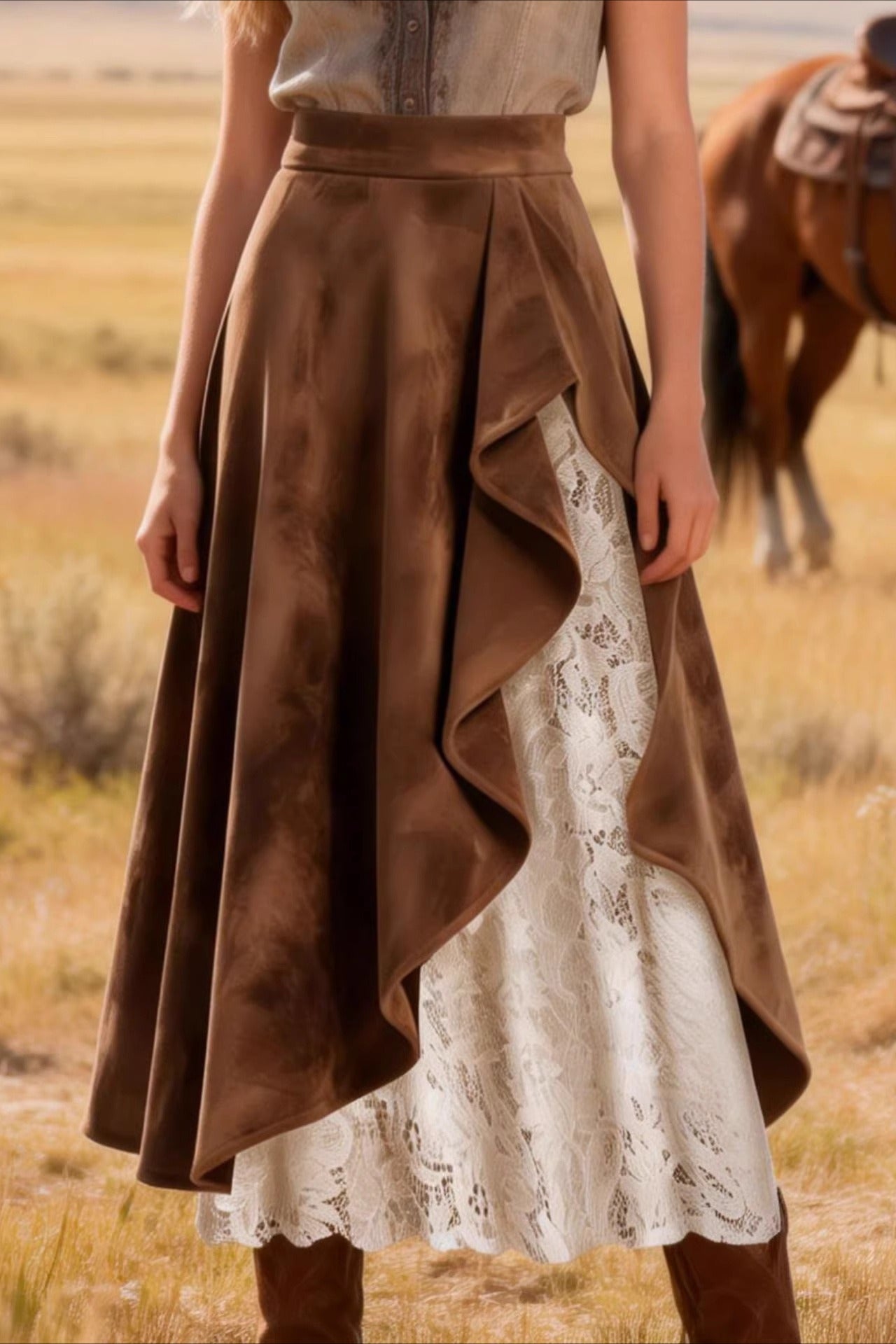 Vintage Suede Lace Panel Midi Skirt - Image 2