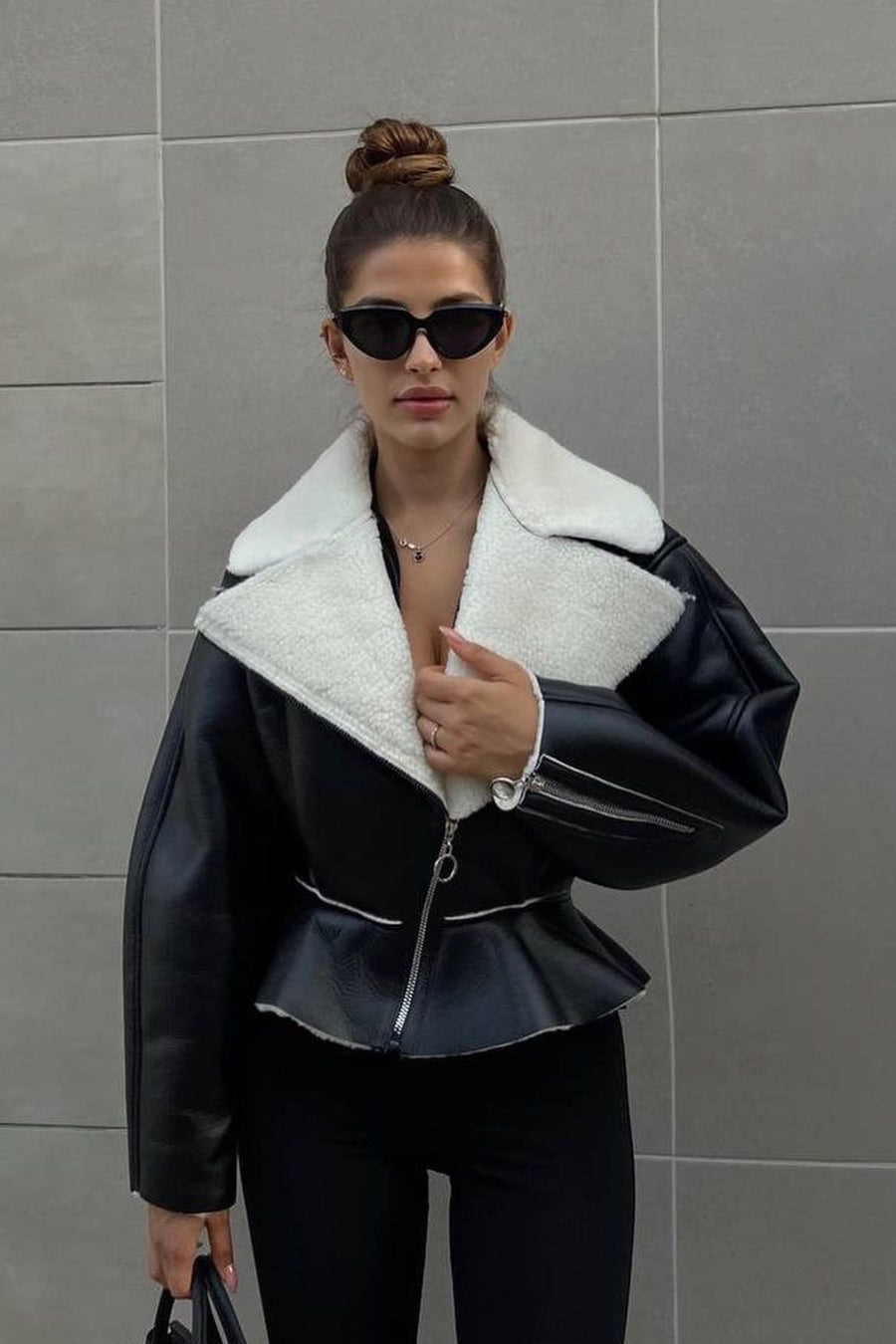 Chic Odd Zip Leather Fur Pieced Coat - Image 10