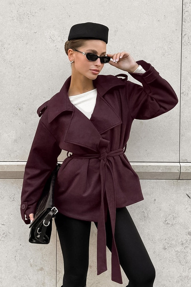 Suede Solid Tie Waist Thickened Warm Coat - Image 4