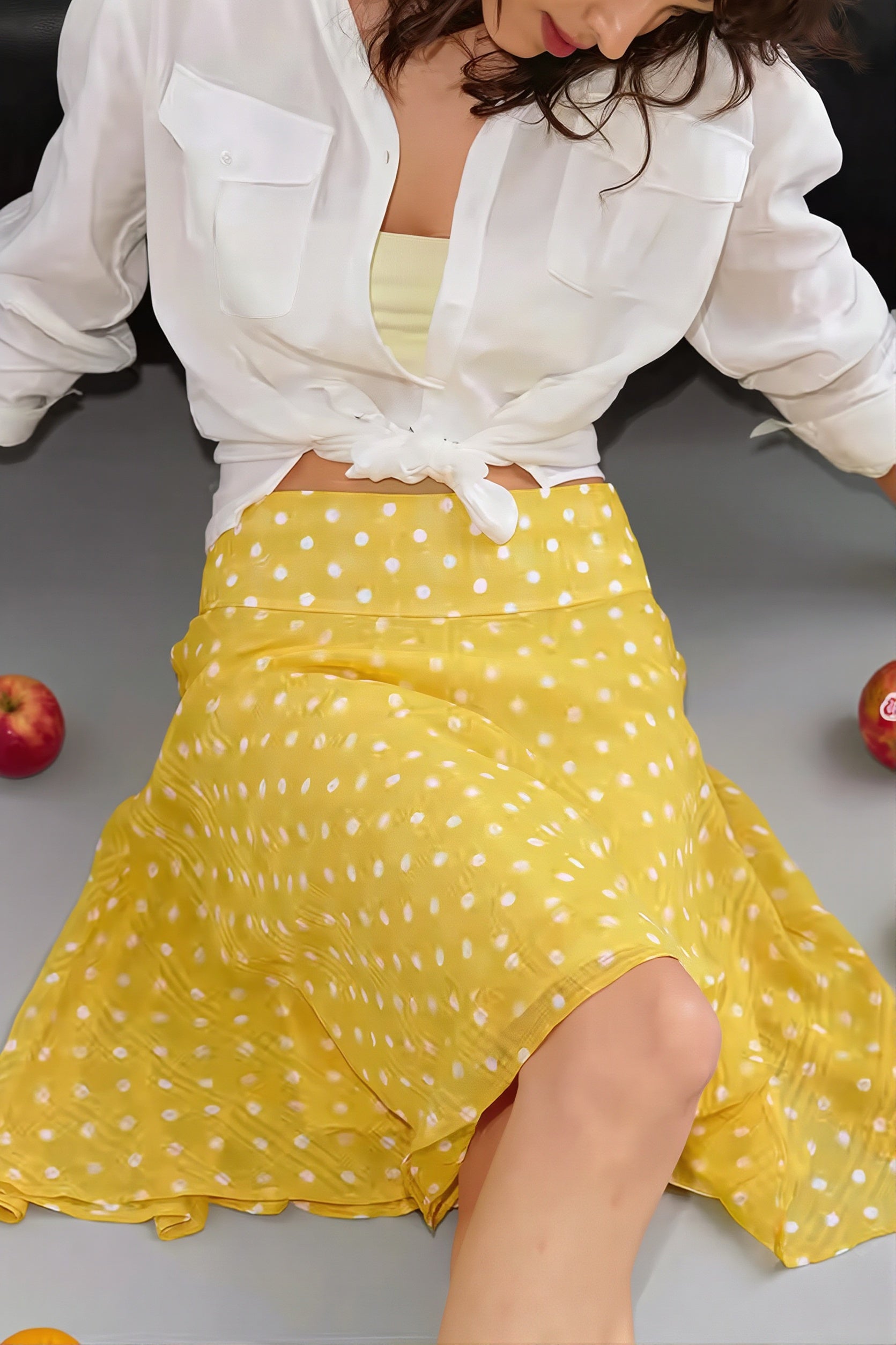 Sweet Yellow Polka Dot Draped Midi Skirt - Image 5