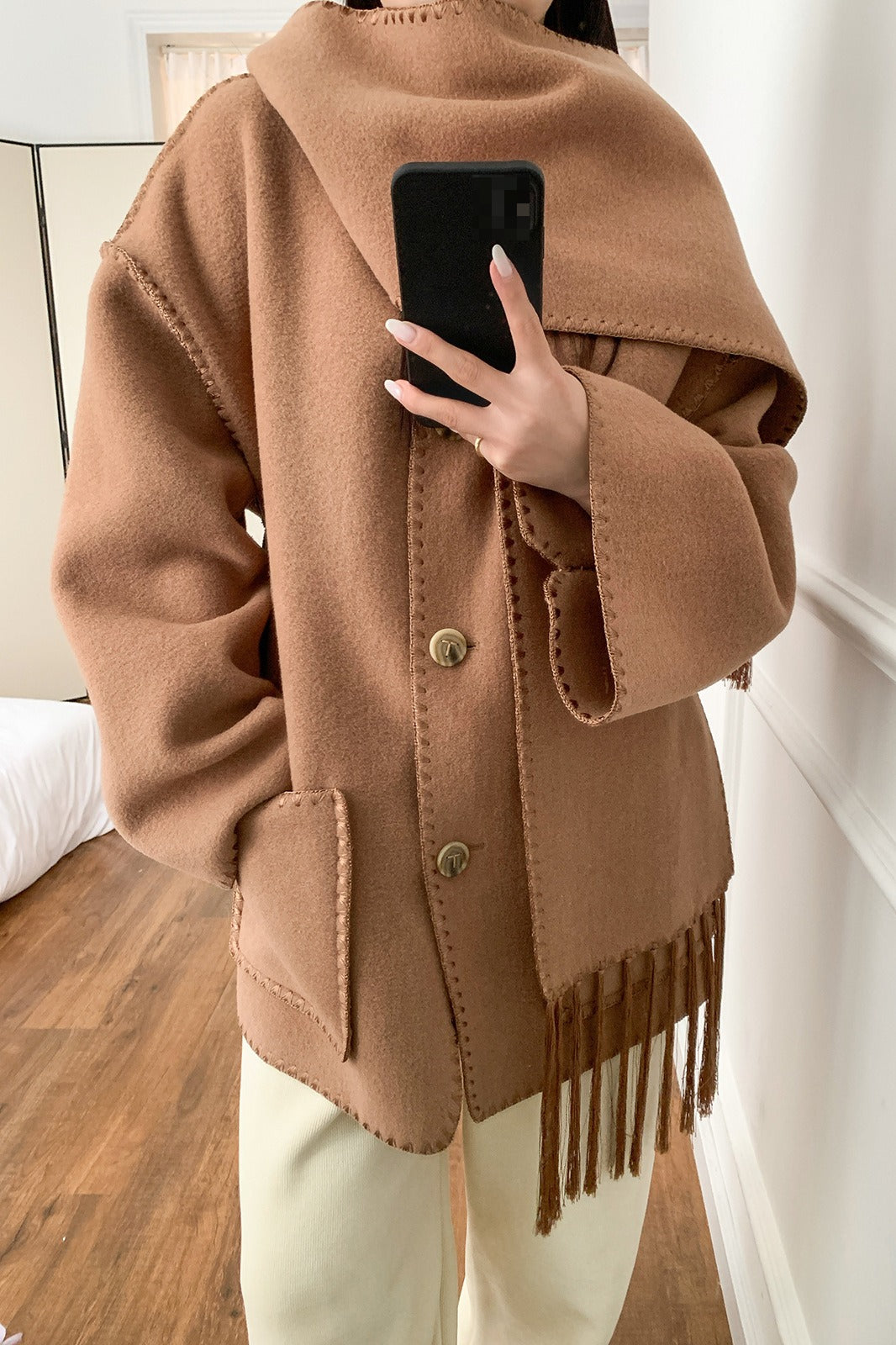 Scarf Collar Tassel Solid Wool Embroidered Coat - Image 3
