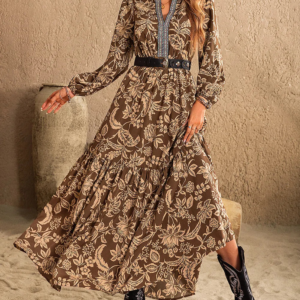 Ruched Notched Long Sleeve Printed Maxi Dress