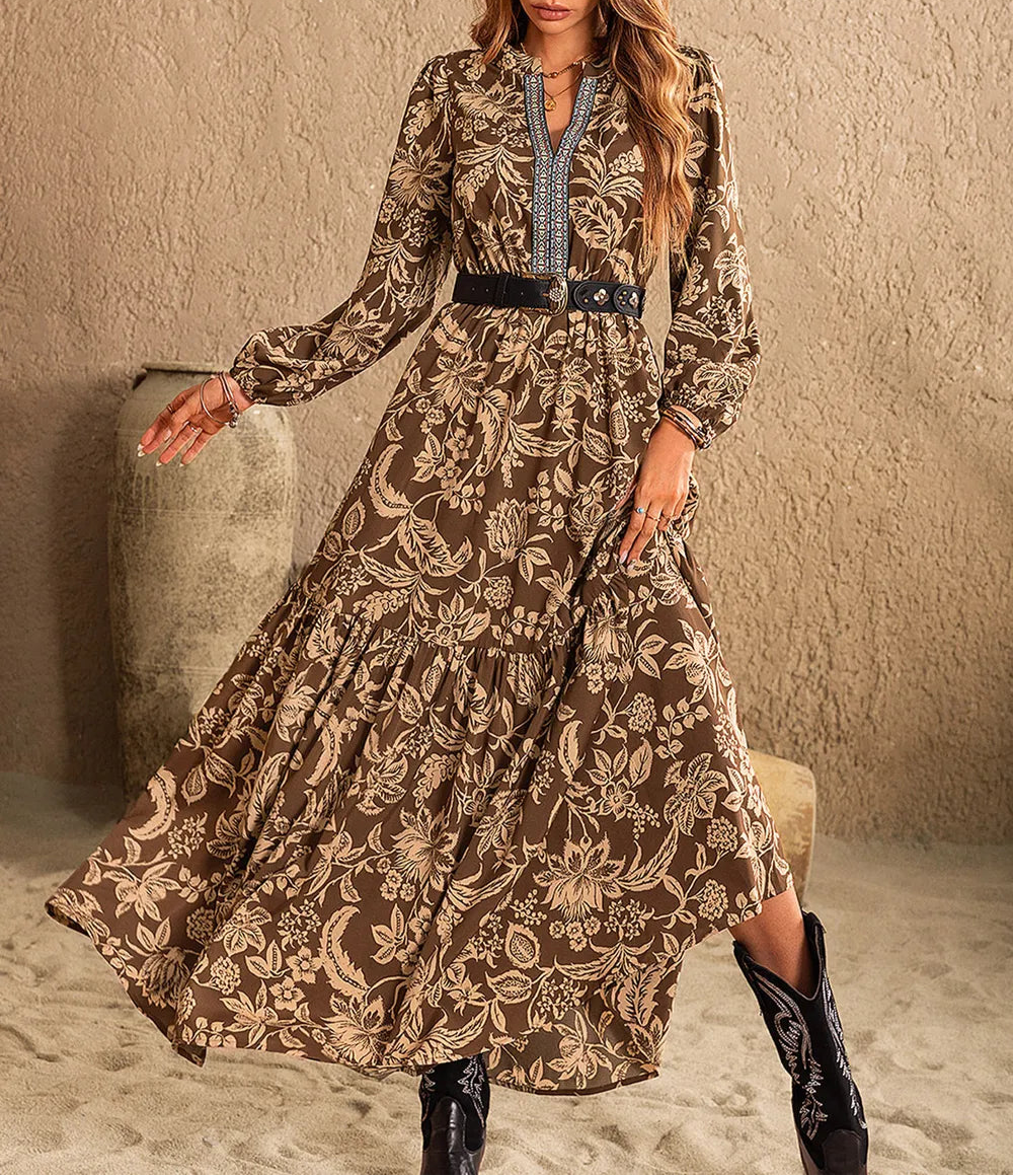 Ruched Notched Long Sleeve Printed Maxi Dress