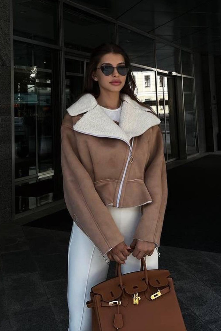 Chic Odd Zip Leather Fur Pieced Coat - Image 5