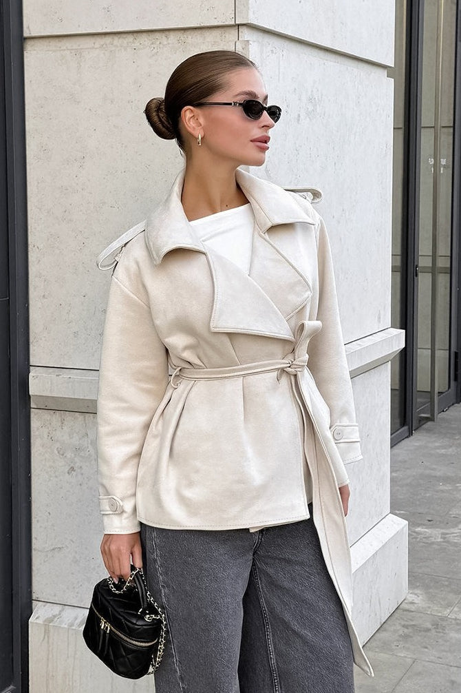 Suede Solid Tie Waist Thickened Warm Coat - Image 7