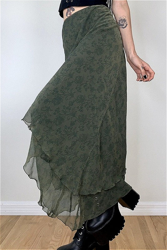 Floral Green Chiffon Irregular Maxi Skirt - Image 2