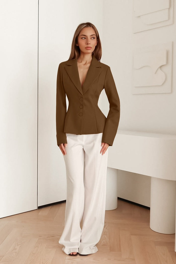 Fitted Waist V-Neck Padded Shoulder Long Sleeve Blazer - Image 8