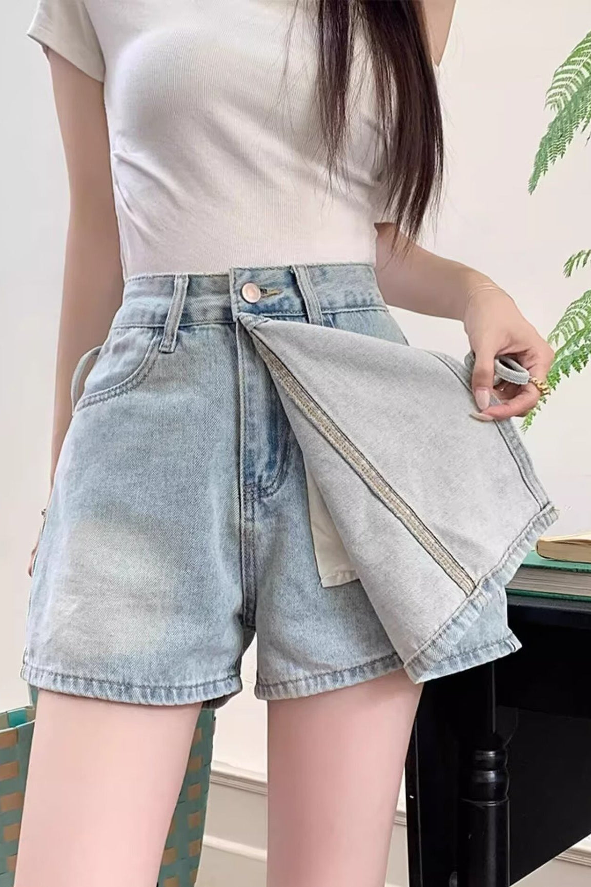 High Waist Denim Skort A Line Bodycon Mini Skirt - Image 3