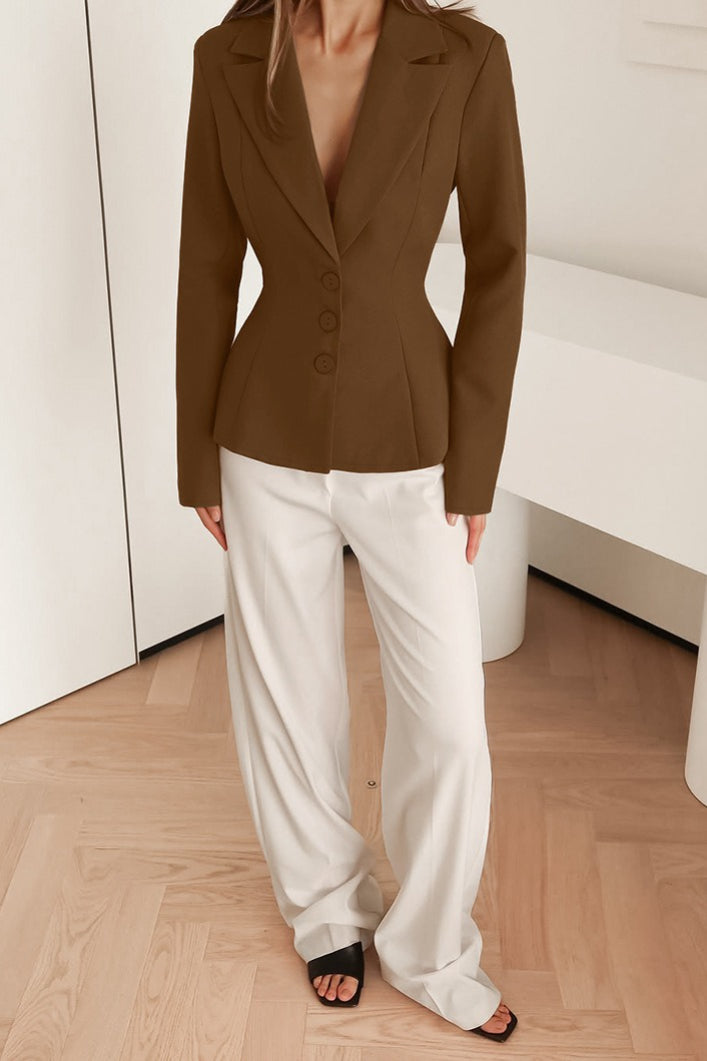 Fitted Waist V-Neck Padded Shoulder Long Sleeve Blazer - Image 7