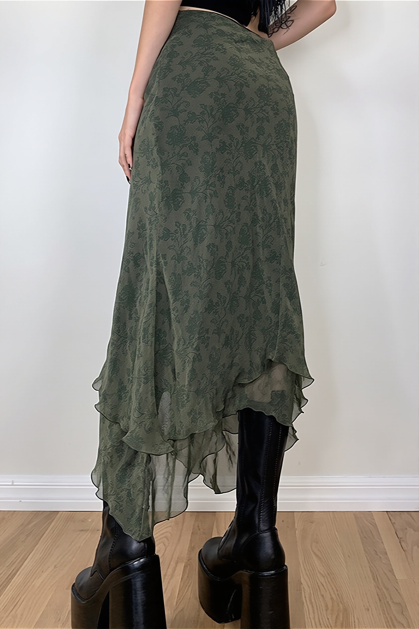 Floral Green Chiffon Irregular Maxi Skirt - Image 3