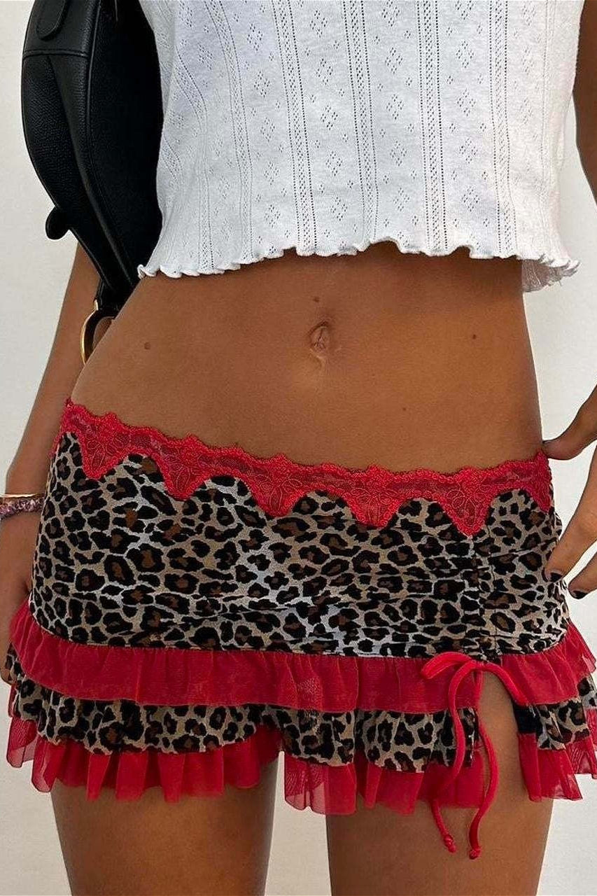 Ruched Lace Color Block Leopard Skirt - Image 10