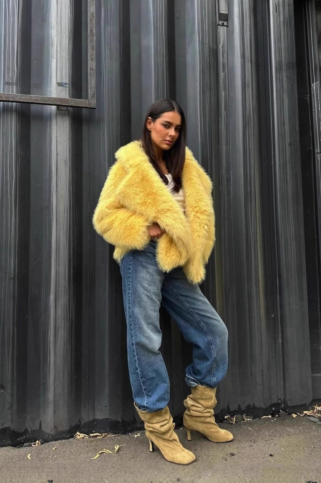 Yellow Faux Fur Open Front Coat - Image 4