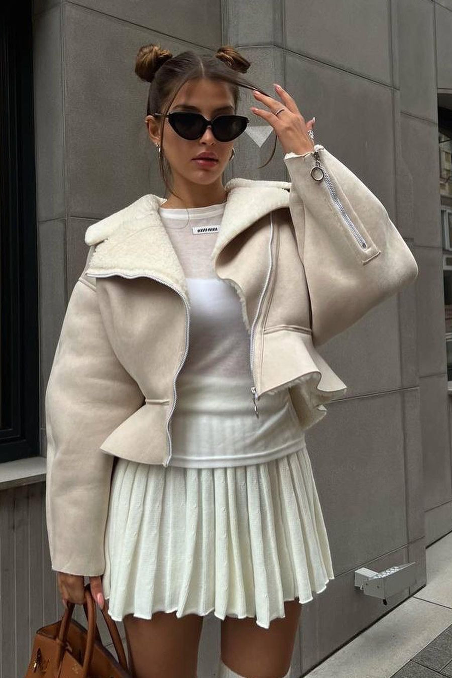 Chic Odd Zip Leather Fur Pieced Coat - Image 7