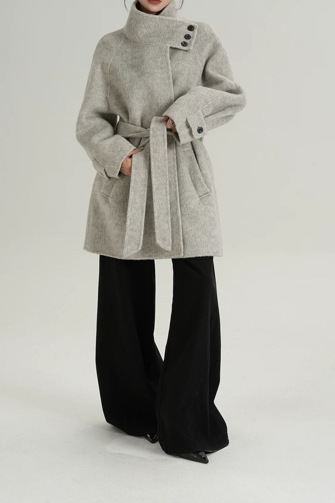Chic Solid Wool Warm Loose Mock-neck Coat - Image 9