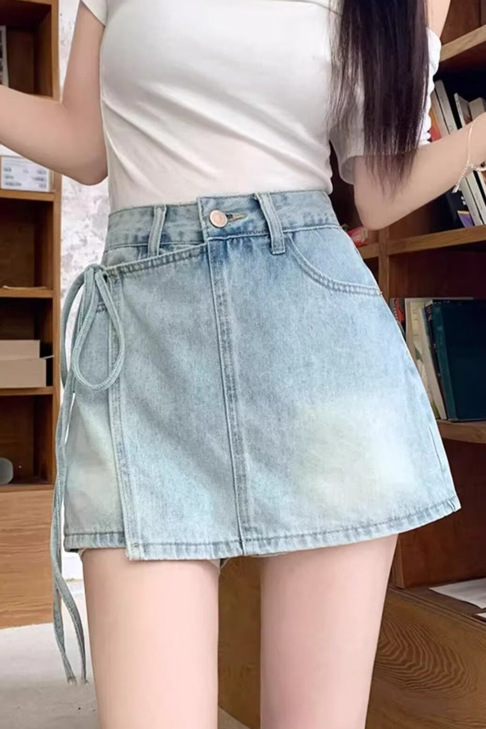 High Waist Denim Skort A Line Bodycon Mini Skirt - Image 5