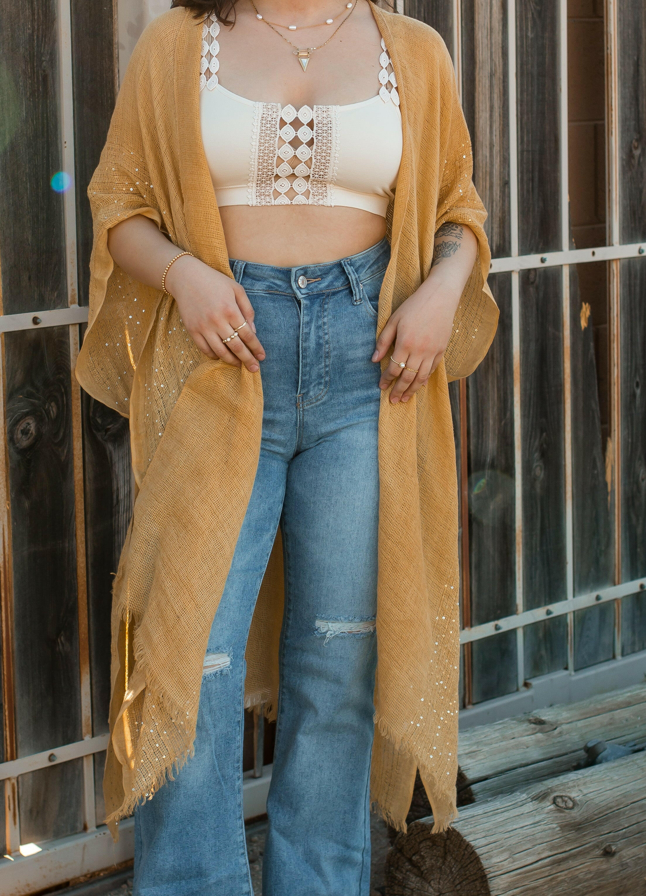 Sequin Border Frayed Trim Kimono - Image 6