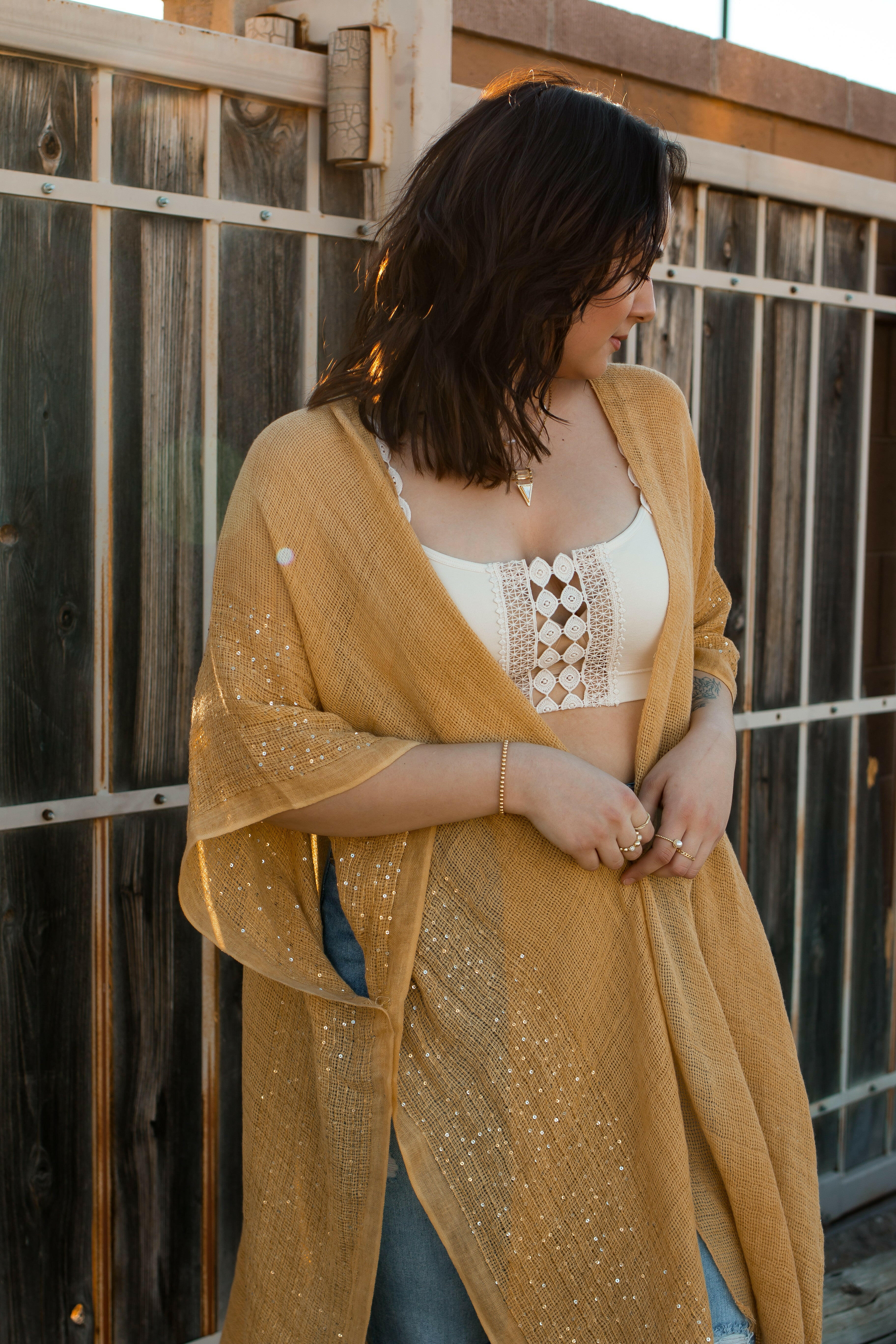 Sequin Border Frayed Trim Kimono - Image 4