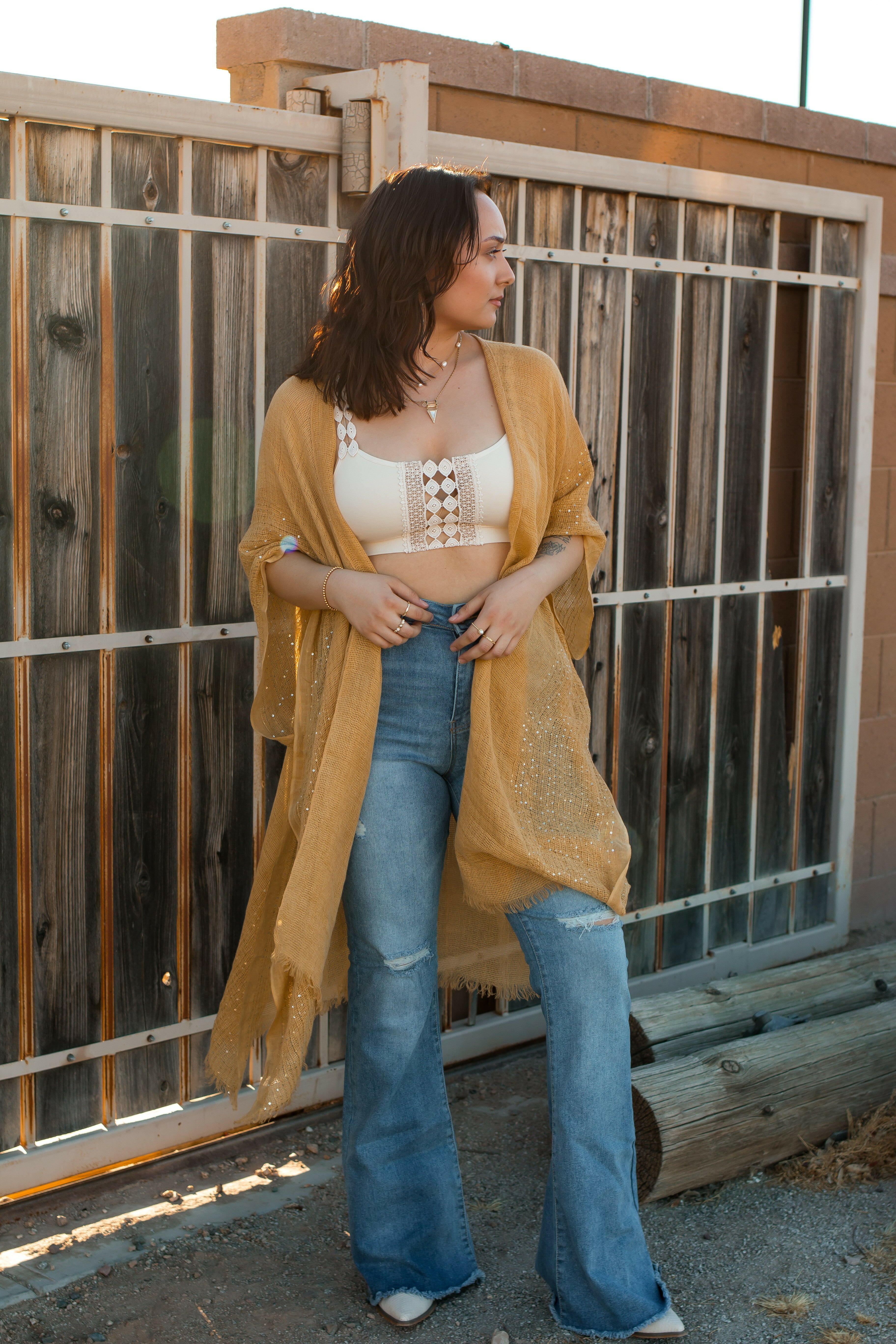 Sequin Border Frayed Trim Kimono - Image 7